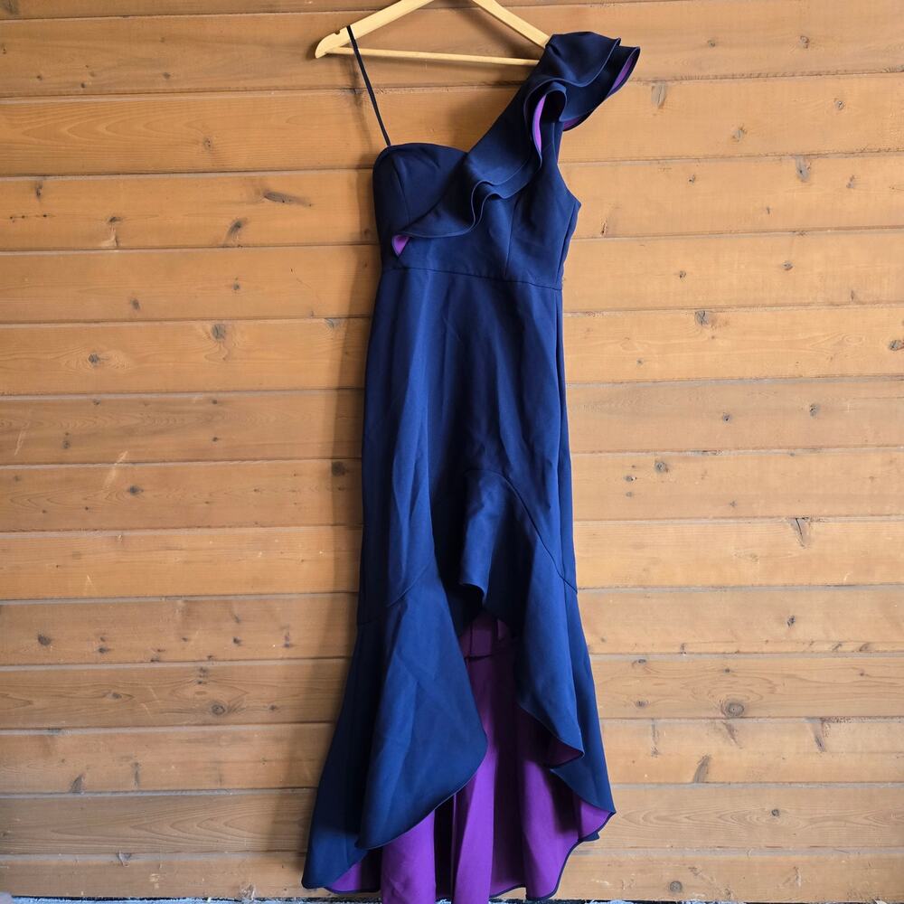 BCBGMAXAZRIA Dress One Shoulder High Low Ruffled Gown Navy 8 Formal Wedding Prom - Picture 3 of 9